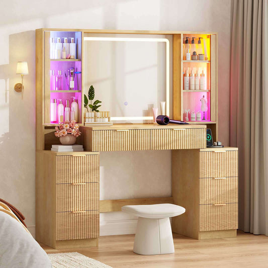 HAUOMS Vanity with 8 Drawers and Charging Station Fluted Makeup Vanity Desk with Mirror and LED Lights for Girls Women