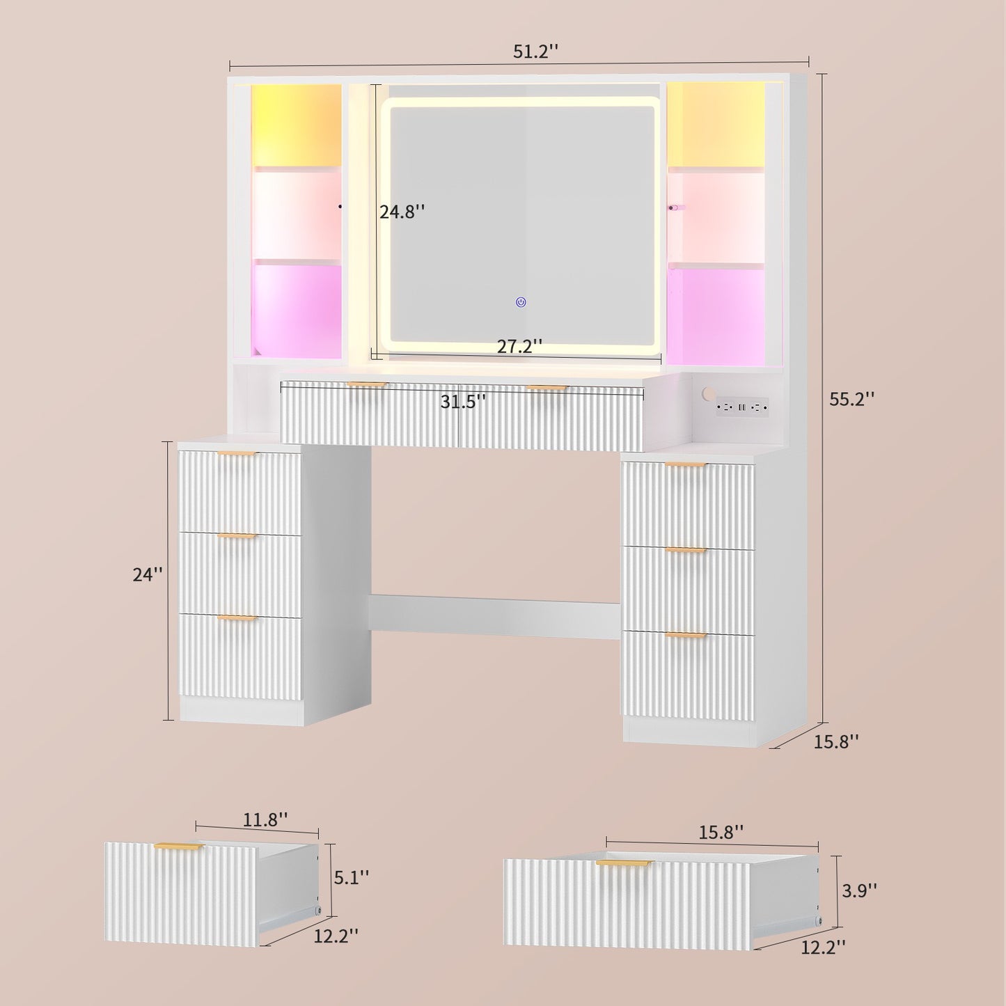 HAUOMS Vanity with 8 Drawers and Charging Station Fluted Makeup Vanity Desk with Mirror and LED Lights for Girls Women