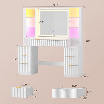 HAUOMS Vanity with 8 Drawers and Charging Station Fluted Makeup Vanity Desk with Mirror and LED Lights for Girls Women