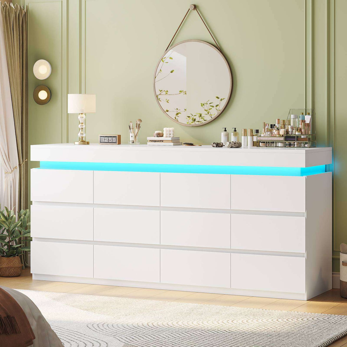 HAUOMS 63 Inch Wide Dresser with LED Light and 12 Drawer Modern Chest for Bedroom Living Room Entryway Hallway