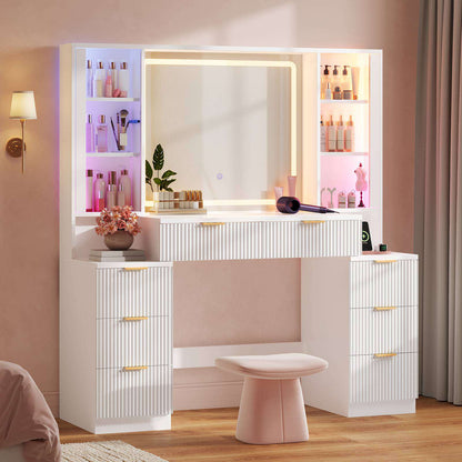 HAUOMS Vanity with 8 Drawers and Charging Station Fluted Makeup Vanity Desk with Mirror and LED Lights for Girls Women