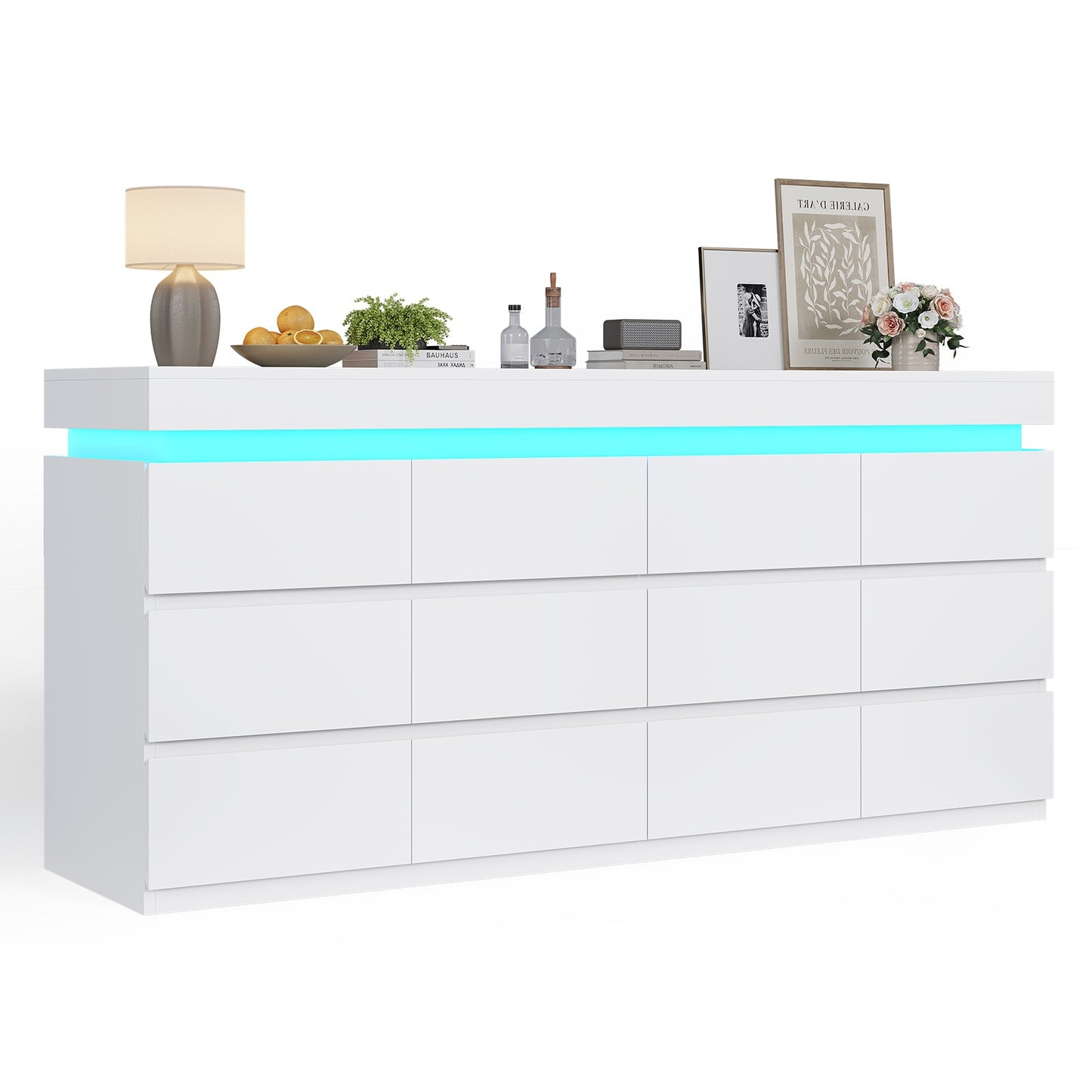 HAUOMS 63 Inch Wide Dresser with LED Light and 12 Drawer Modern Chest for Bedroom Living Room Entryway Hallway