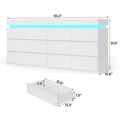 HAUOMS 63 Inch Wide Dresser with LED Light and 12 Drawer Modern Chest for Bedroom Living Room Entryway Hallway