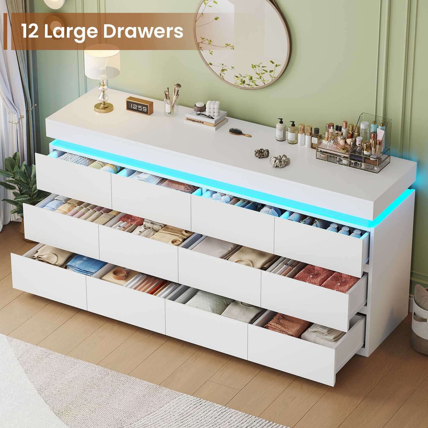 HAUOMS 63 Inch Wide Dresser with LED Light and 12 Drawer Modern Chest for Bedroom Living Room Entryway Hallway