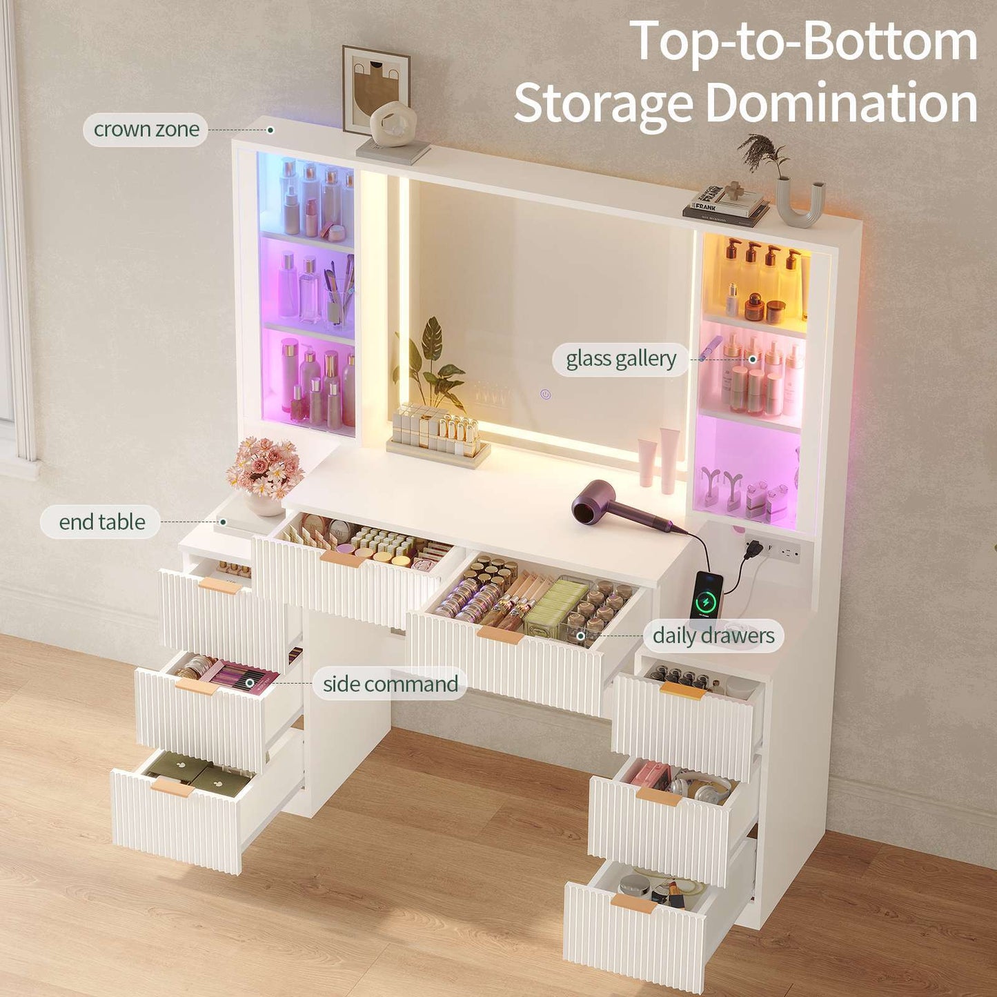 HAUOMS Vanity with 8 Drawers and Charging Station Fluted Makeup Vanity Desk with Mirror and LED Lights for Girls Women