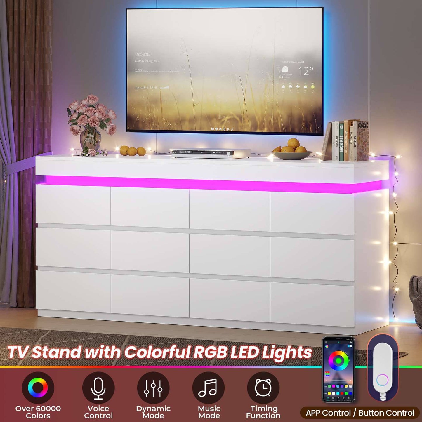 HAUOMS 63 Inch Wide Dresser with LED Light and 12 Drawer Modern Chest for Bedroom Living Room Entryway Hallway