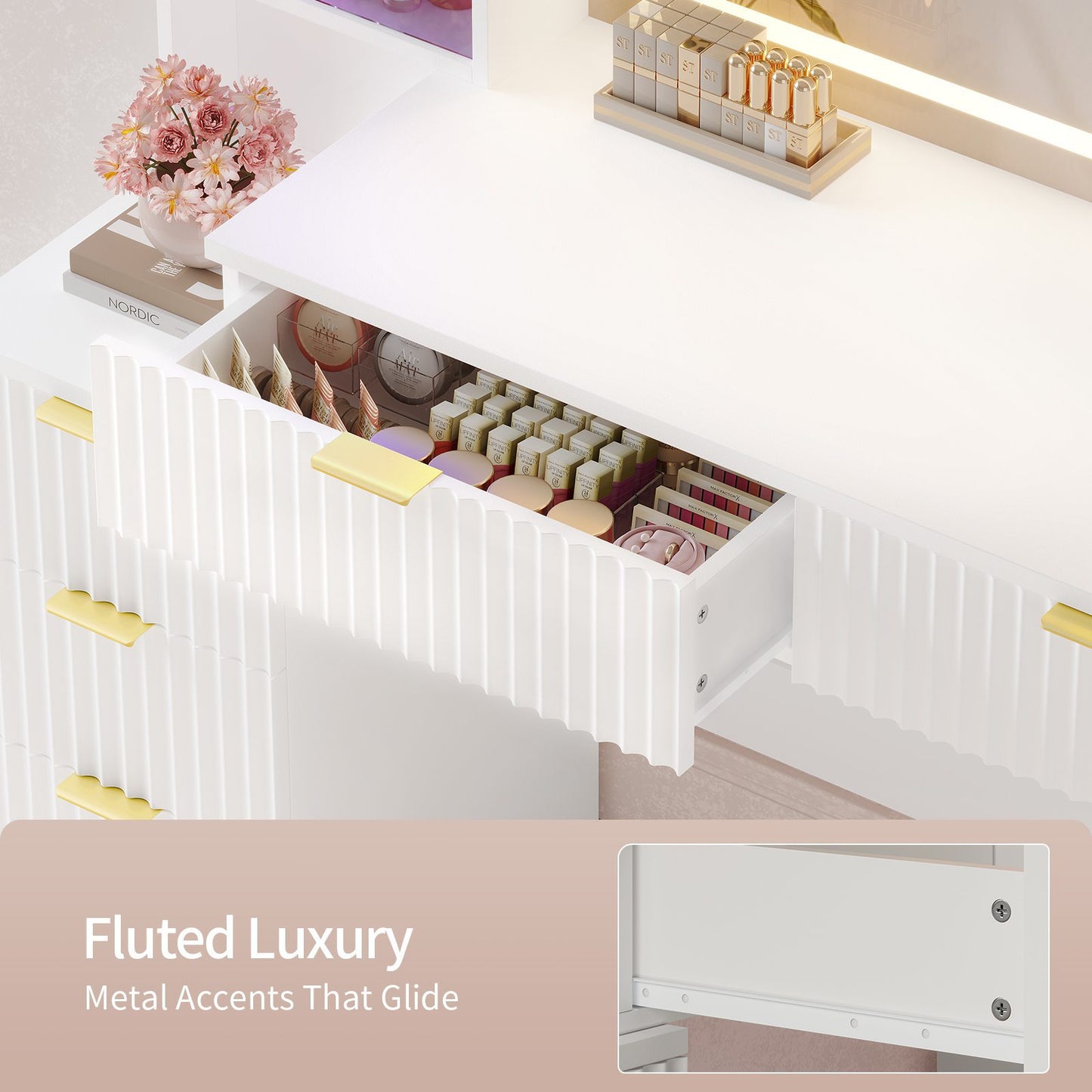 HAUOMS Vanity with 8 Drawers and Charging Station Fluted Makeup Vanity Desk with Mirror and LED Lights for Girls Women