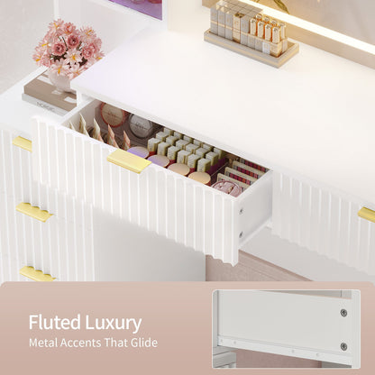 HAUOMS Vanity with 8 Drawers and Charging Station Fluted Makeup Vanity Desk with Mirror and LED Lights for Girls Women