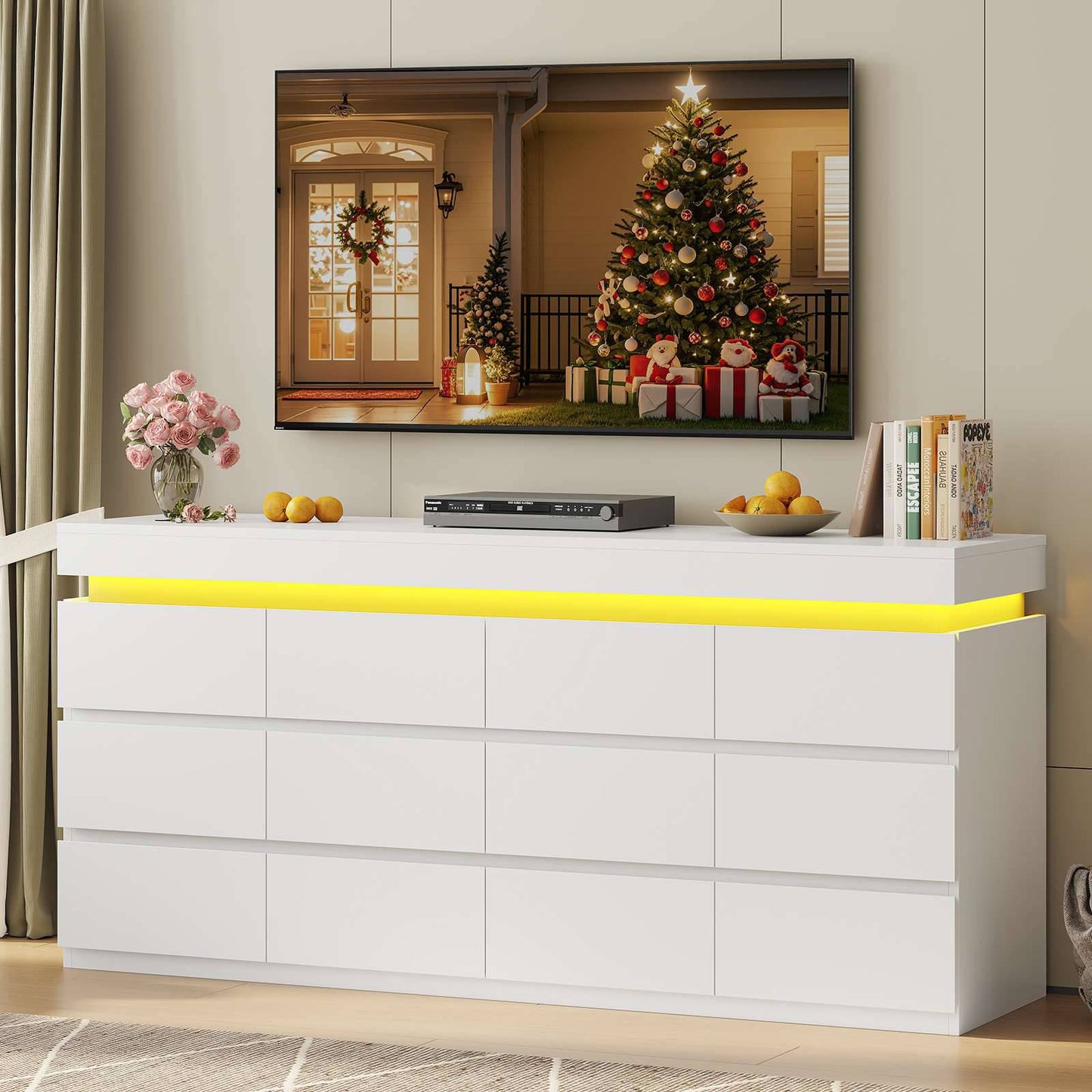 HAUOMS 63 Inch Wide Dresser with LED Light and 12 Drawer Modern Chest for Bedroom Living Room Entryway Hallway