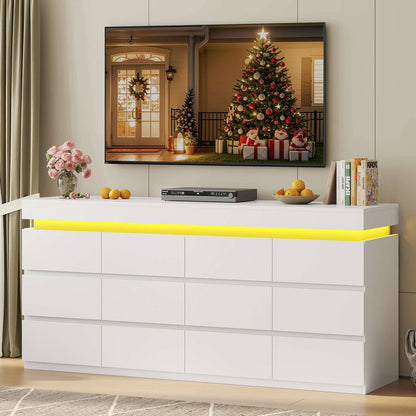 HAUOMS 63 Inch Wide Dresser with LED Light and 12 Drawer Modern Chest for Bedroom Living Room Entryway Hallway