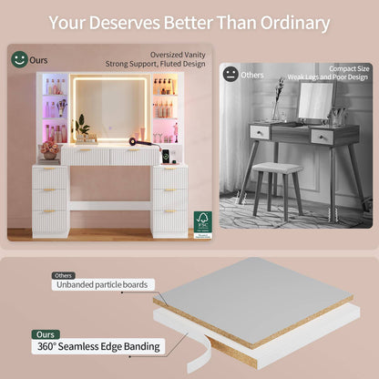 HAUOMS Vanity with 8 Drawers and Charging Station Fluted Makeup Vanity Desk with Mirror and LED Lights for Girls Women