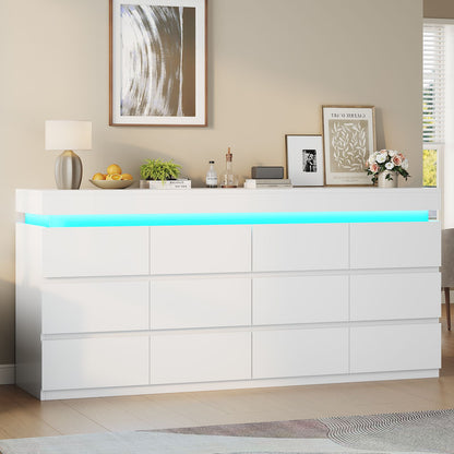 HAUOMS 63 Inch Wide Dresser with LED Light and 12 Drawer Modern Chest for Bedroom Living Room Entryway Hallway