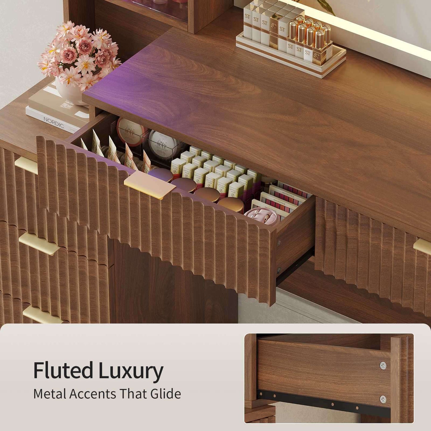 HAUOMS 59.1 Inch Vanity with Mirror and Sound Sync LED Lights Large Fluted Vanity Table with 8 Drawers Charging Station