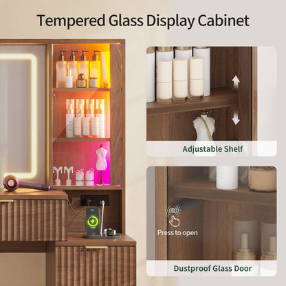 HAUOMS 59.1 Inch Vanity with Mirror and Sound Sync LED Lights Large Fluted Vanity Table with 8 Drawers Charging Station