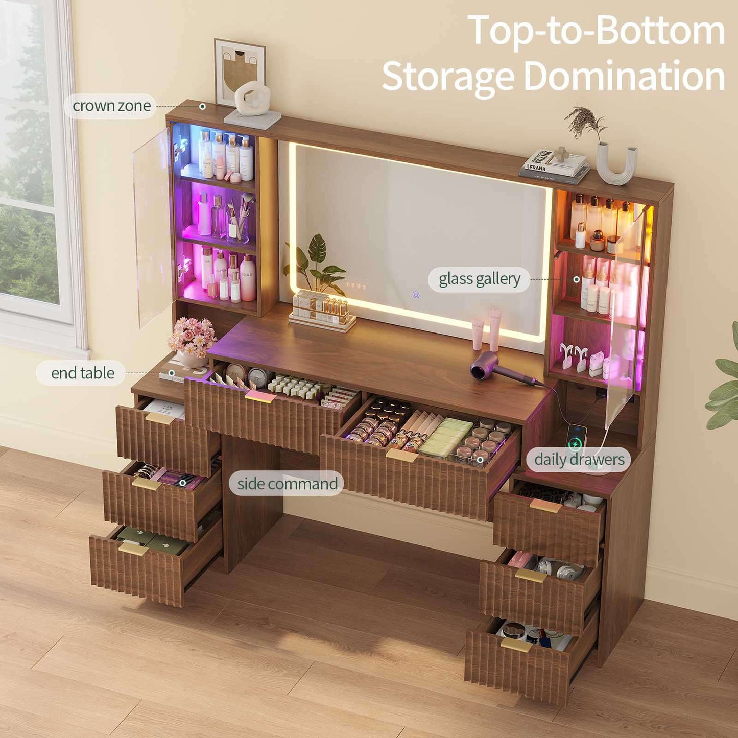 HAUOMS 59.1 Inch Vanity with Mirror and Sound Sync LED Lights Large Fluted Vanity Table with 8 Drawers Charging Station