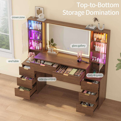 HAUOMS 59.1 Inch Vanity with Mirror and Sound Sync LED Lights Large Fluted Vanity Table with 8 Drawers Charging Station