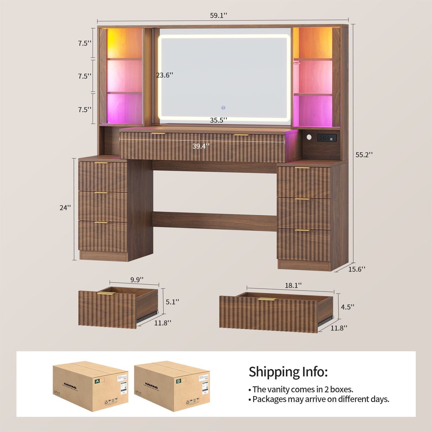 HAUOMS 59.1 Inch Vanity with Mirror and Sound Sync LED Lights Large Fluted Vanity Table with 8 Drawers Charging Station