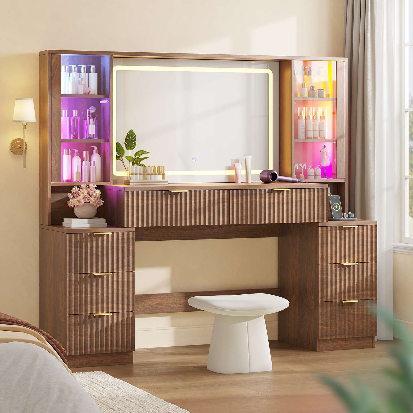 HAUOMS 59.1 Inch Vanity with Mirror and Sound Sync LED Lights Large Fluted Vanity Table with 8 Drawers Charging Station