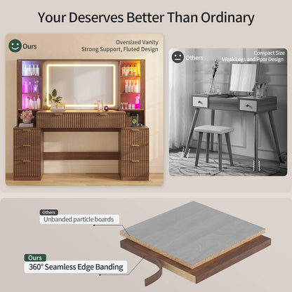 HAUOMS 59.1 Inch Vanity with Mirror and Sound Sync LED Lights Large Fluted Vanity Table with 8 Drawers Charging Station