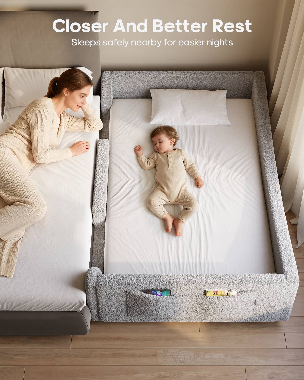 HAUOMS Full Floor Bed with Slats and High Rails 2-in-1 Convertible Beds with Upholstered Teddy Boucle Curve Round Frame for Girls and Boys