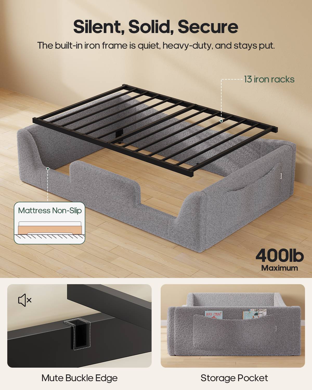 HAUOMS Full Floor Bed with Slats and High Rails 2-in-1 Convertible Beds with Upholstered Teddy Boucle Curve Round Frame for Girls and Boys