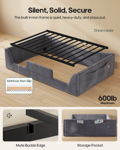 HAUOMS Full Floor Bed with Slats and High Rails 2-in-1 Convertible Beds with Upholstered Teddy Boucle Curve Round Frame for Girls and Boys
