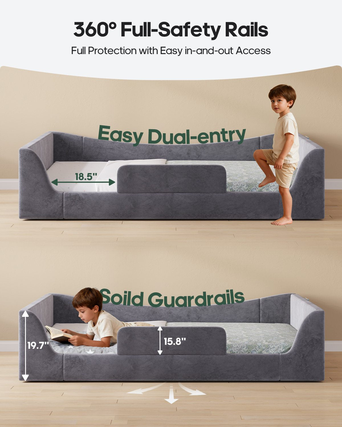 HAUOMS Full Floor Bed with Slats and High Rails 2-in-1 Convertible Beds with Upholstered Teddy Boucle Curve Round Frame for Girls and Boys