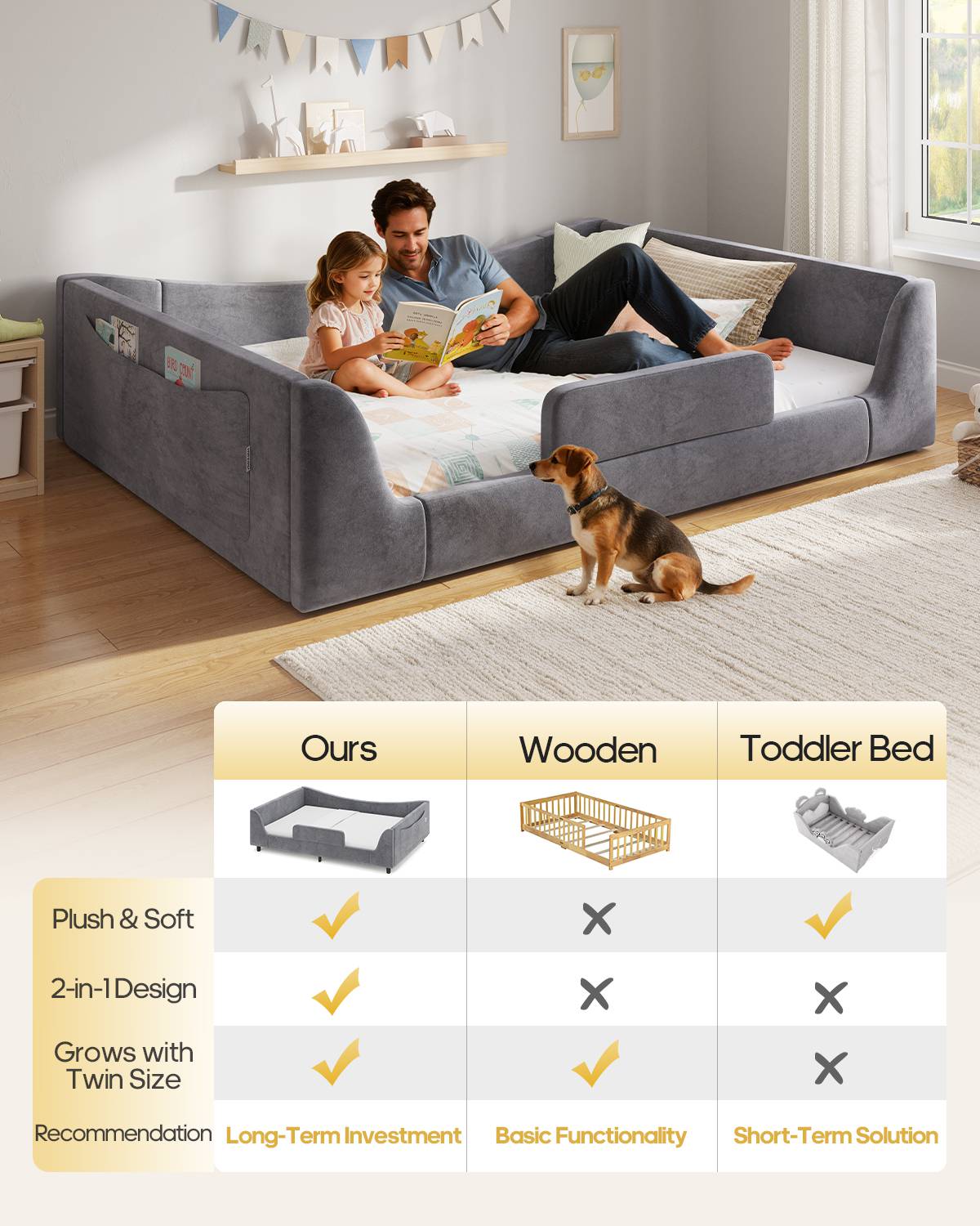 HAUOMS Full Floor Bed with Slats and High Rails 2-in-1 Convertible Beds with Upholstered Teddy Boucle Curve Round Frame for Girls and Boys