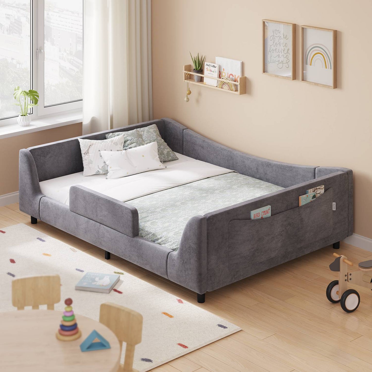 HAUOMS Full Floor Bed with Slats and High Rails 2-in-1 Convertible Beds with Upholstered Teddy Boucle Curve Round Frame for Girls and Boys