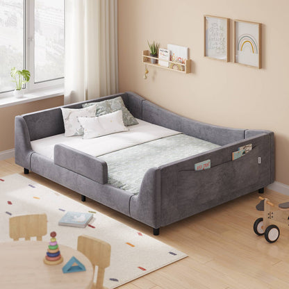 HAUOMS Full Floor Bed with Slats and High Rails 2-in-1 Convertible Beds with Upholstered Teddy Boucle Curve Round Frame for Girls and Boys