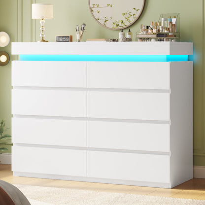 HAUOMS 40 inch Dresser with LED Light and 8 Drawer Modern Closet Dressers for Bedroom Living Room Entryway