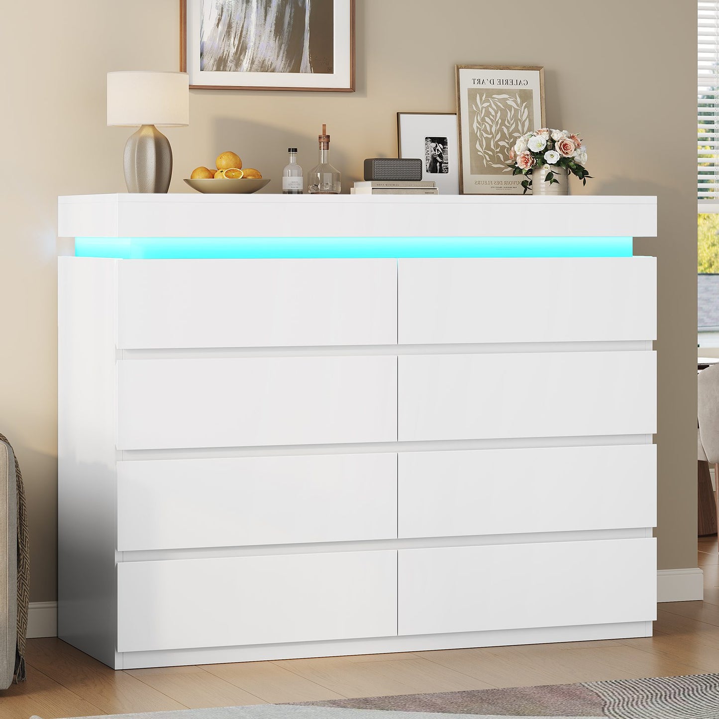 HAUOMS 40 inch Dresser with LED Light and 8 Drawer Modern Closet Dressers for Bedroom Living Room Entryway