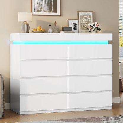 HAUOMS 40 inch Dresser with LED Light and 8 Drawer Modern Closet Dressers for Bedroom Living Room Entryway