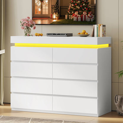 HAUOMS 40 inch Dresser with LED Light and 8 Drawer Modern Closet Dressers for Bedroom Living Room Entryway