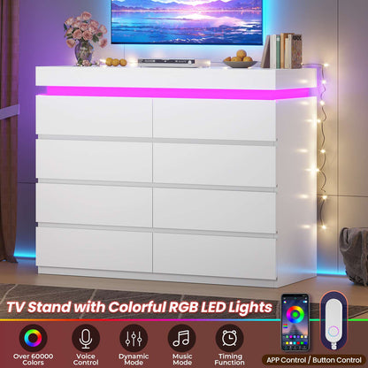 HAUOMS 40 inch Dresser with LED Light and 8 Drawer Modern Closet Dressers for Bedroom Living Room Entryway