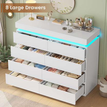 HAUOMS 40 inch Dresser with LED Light and 8 Drawer Modern Closet Dressers for Bedroom Living Room Entryway