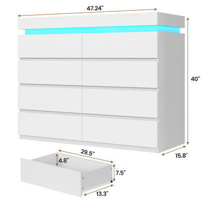 HAUOMS 40 inch Dresser with LED Light and 8 Drawer Modern Closet Dressers for Bedroom Living Room Entryway