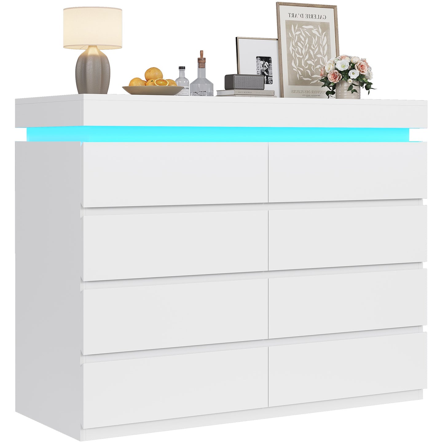 HAUOMS 40 inch Dresser with LED Light and 8 Drawer Modern Closet Dressers for Bedroom Living Room Entryway