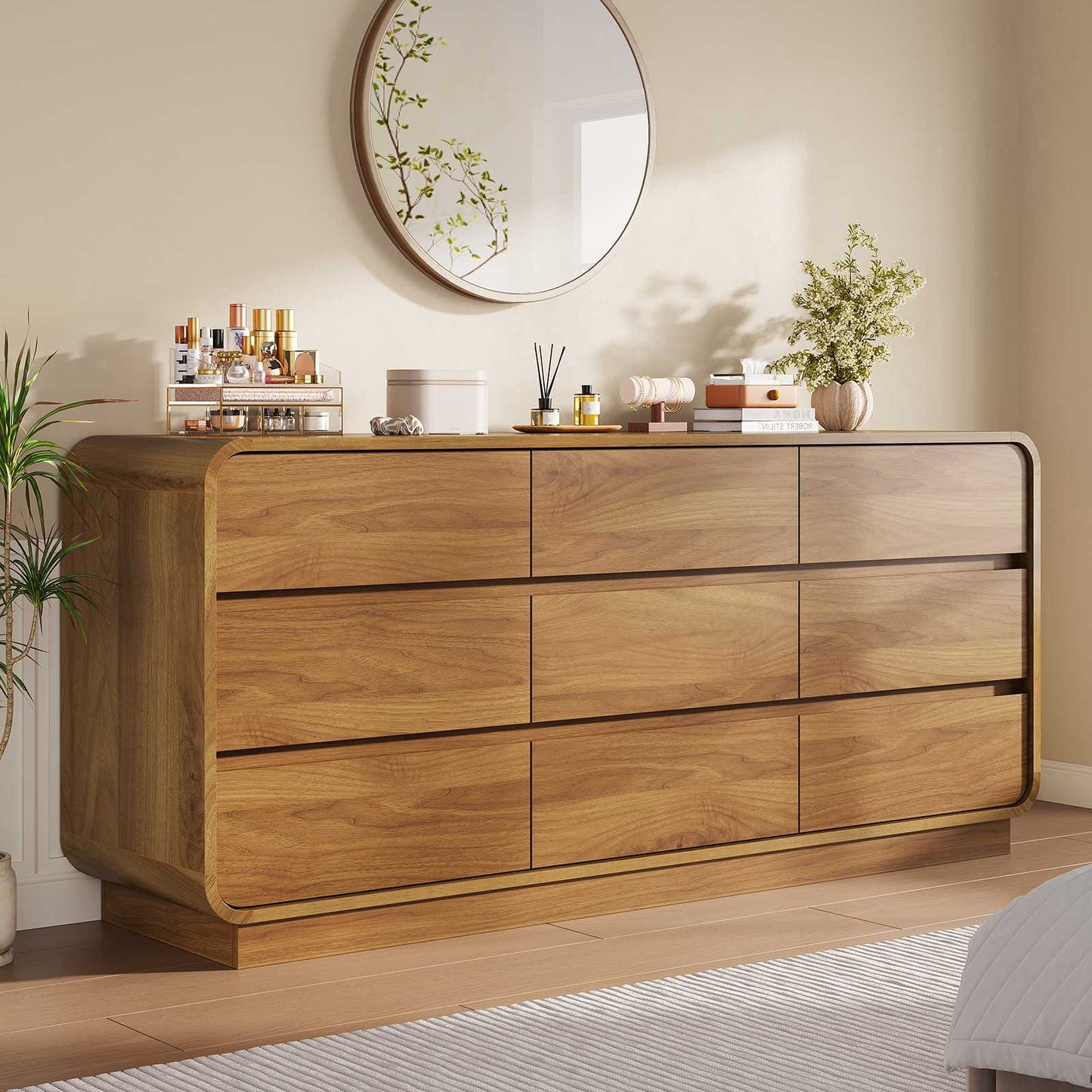 HAUOMS 59 Inch Wide Dresser with 9 Drawers Modern Dressers Curved Profile Design Wooden Chest for Living Room Hallway Bedroom