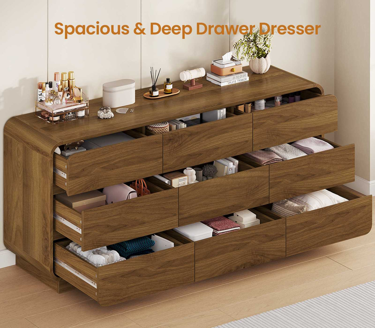 HAUOMS 59 Inch Wide Dresser with 9 Drawers Modern Dressers Curved Profile Design Wooden Chest for Living Room Hallway Bedroom
