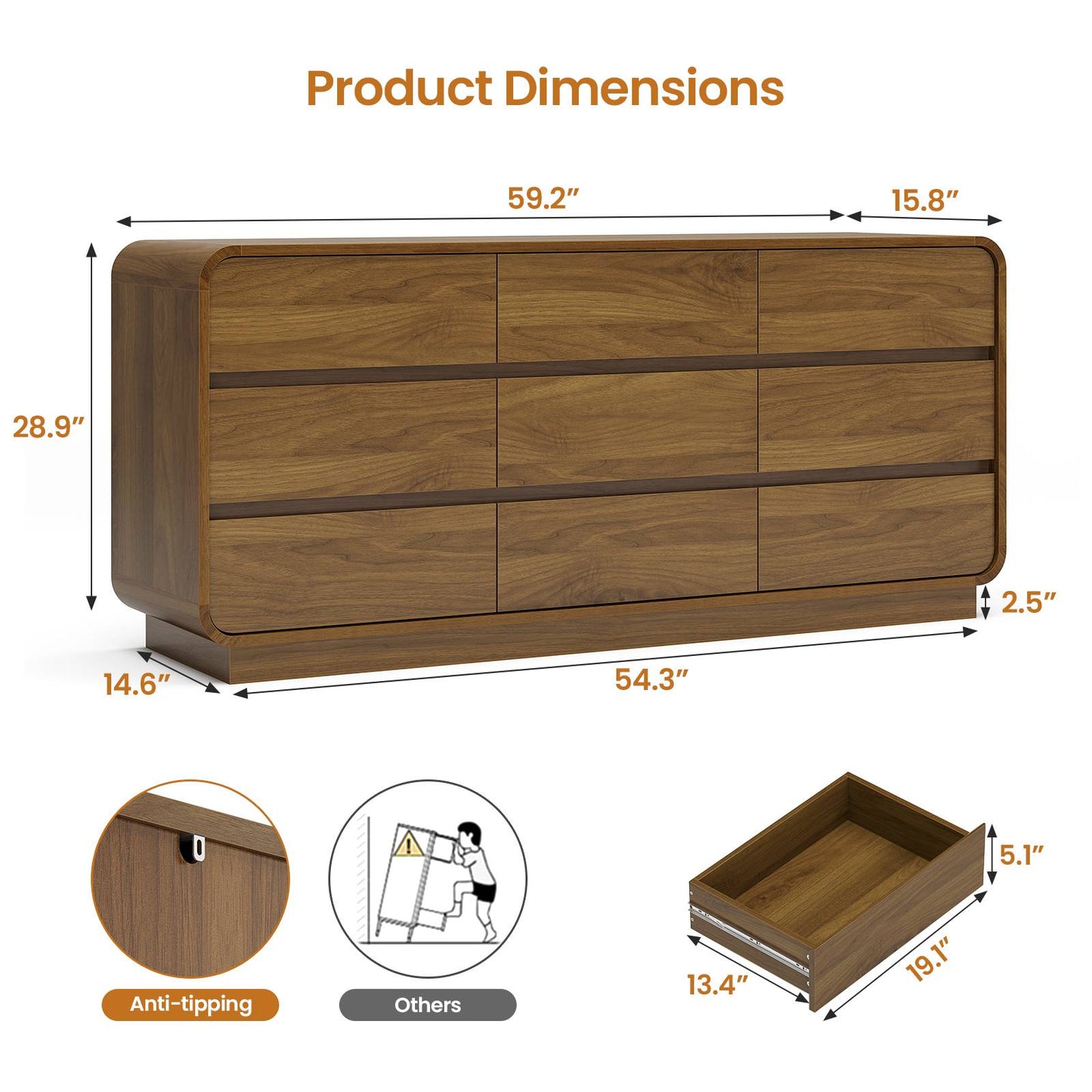 HAUOMS 59 Inch Wide Dresser with 9 Drawers Modern Dressers Curved Profile Design Wooden Chest for Living Room Hallway Bedroom