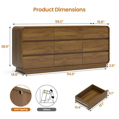 HAUOMS 59 Inch Wide Dresser with 9 Drawers Modern Dressers Curved Profile Design Wooden Chest for Living Room Hallway Bedroom
