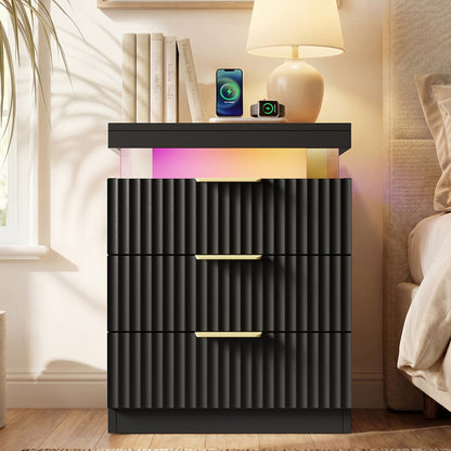 HAUOMS 26.9 Inch Tall Nightstand with Hidden Charging Station and 3 Drawer Fluted Wood Side Table with LED Smart for Bedroom