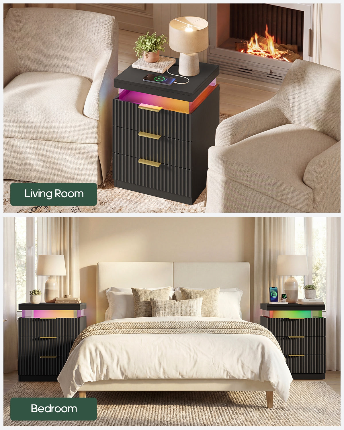 HAUOMS 26.9 Inch Tall Nightstand with Hidden Charging Station and 3 Drawer Fluted Wood Side Table with LED Smart for Bedroom