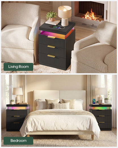 HAUOMS 26.9 Inch Tall Nightstand with Hidden Charging Station and 3 Drawer Fluted Wood Side Table with LED Smart for Bedroom
