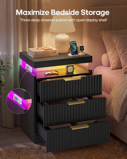 HAUOMS 26.9 Inch Tall Nightstand with Hidden Charging Station and 3 Drawer Fluted Wood Side Table with LED Smart for Bedroom