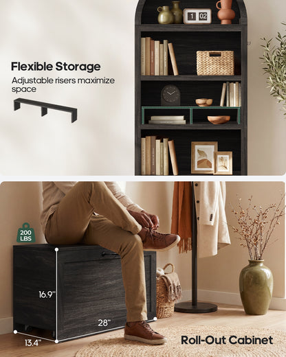 HAUOMS 76.6 inch tall Arched Bookshelf with Moveable Storage Bench and 5-Tier Wood Bookcase Multi-Functional Display Cabinet with Storage for Living Room Entryway