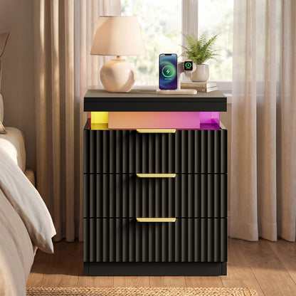 HAUOMS 26.9 Inch Tall Nightstand with Hidden Charging Station and 3 Drawer Fluted Wood Side Table with LED Smart for Bedroom
