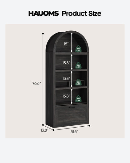 HAUOMS 76.6 inch tall Arched Bookshelf with Moveable Storage Bench and 5-Tier Wood Bookcase Multi-Functional Display Cabinet with Storage for Living Room Entryway