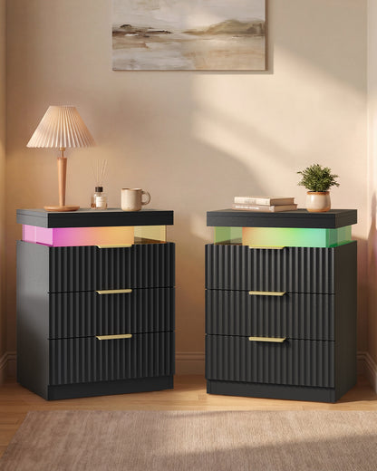 HAUOMS 26.9 Inch Tall Nightstand with Hidden Charging Station and 3 Drawer Fluted Wood Side Table with LED Smart for Bedroom